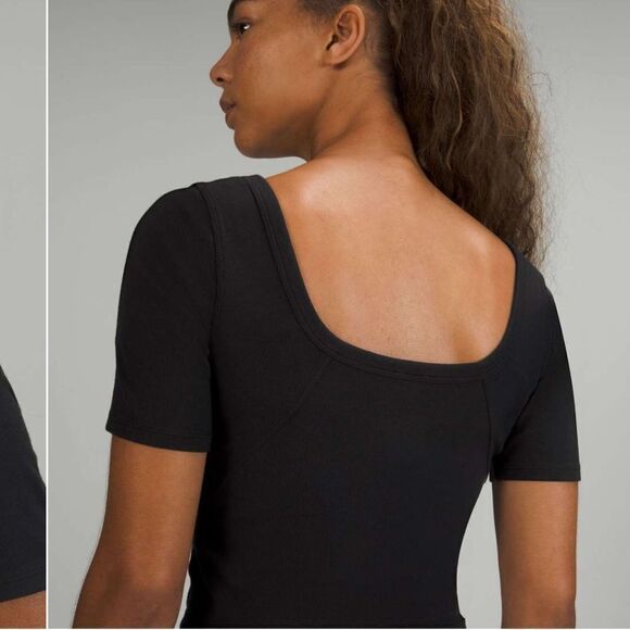 NWT New LULULEMON Ribbed Held Tight Tee Deep Scoop Neck & Back Crop Top Black 10 - Picture 3 of 7